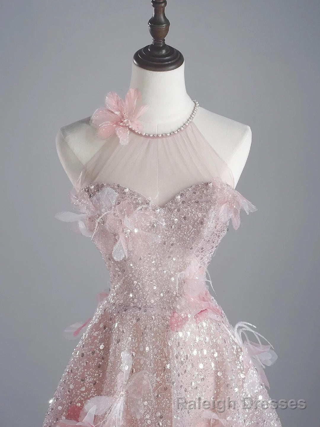 Pink Halter Shiny Tulle Long Prom Dress, Pink Tulle Prom Dress with Flowers