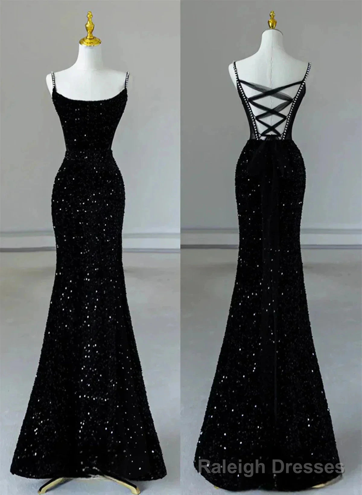 Black Mermaid Sequins Long Formal Dress, Black Straps Long Evening Dress Main image