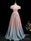 Pink Gradient Shiny Floor Length Prom Dress, Off Shoulder A-Line Evening Party Dress