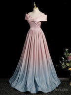 Pink Gradient Shiny Floor Length Prom Dress, Off Shoulder A Line Prom Prom Dress