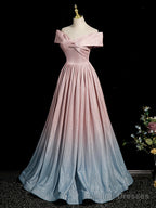 Pink Gradient Shiny Floor Length Prom Dress, Off Shoulder A-Line Evening Party Dress