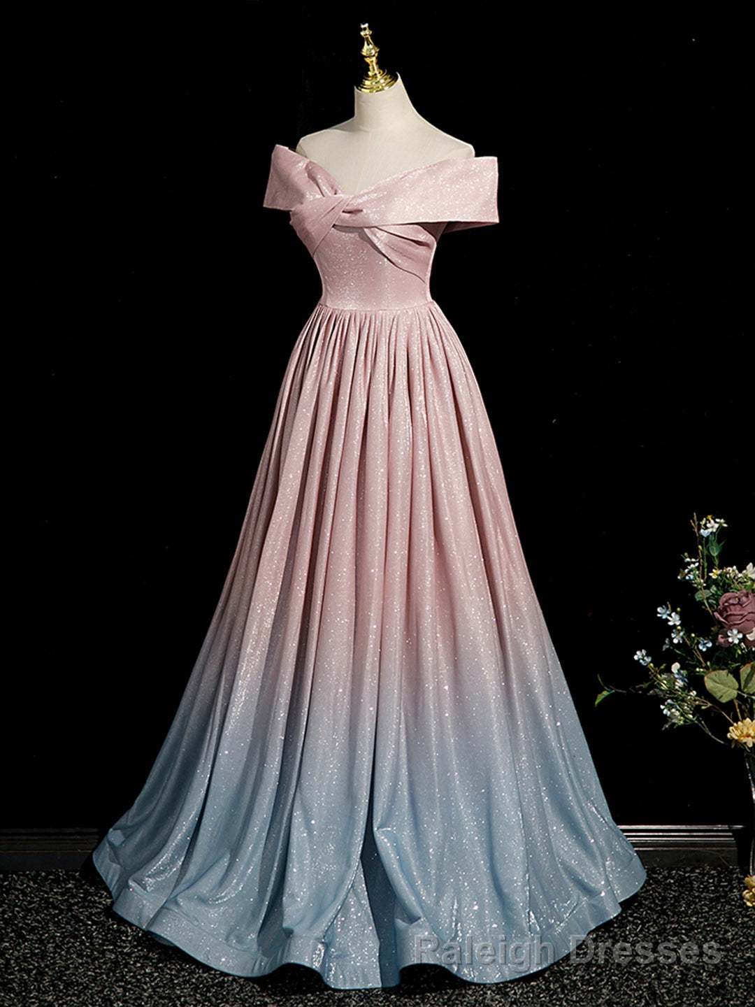 Pink Gradient Shiny Floor Length Prom Dress, Off Shoulder A-Line Evening Party Dress