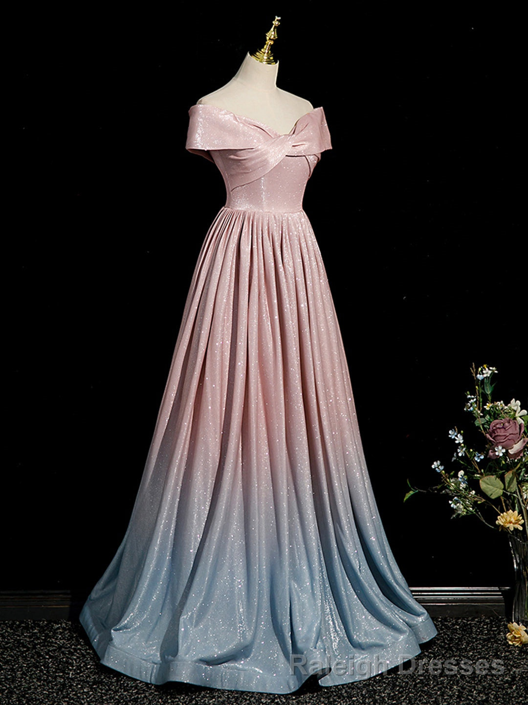Pink Gradient Shiny Floor Length Prom Dress, Off Shoulder A-Line Evening Party Dress