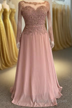 Illusion Neck Sweetheart Long Sleeves Beaded Appliques Long Formal Dress
