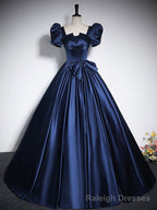 Elegant Blue Satin Floor-Length Prom Dresses, Square Neckline Puffy Short Sleeve Bow Formal Dresses
