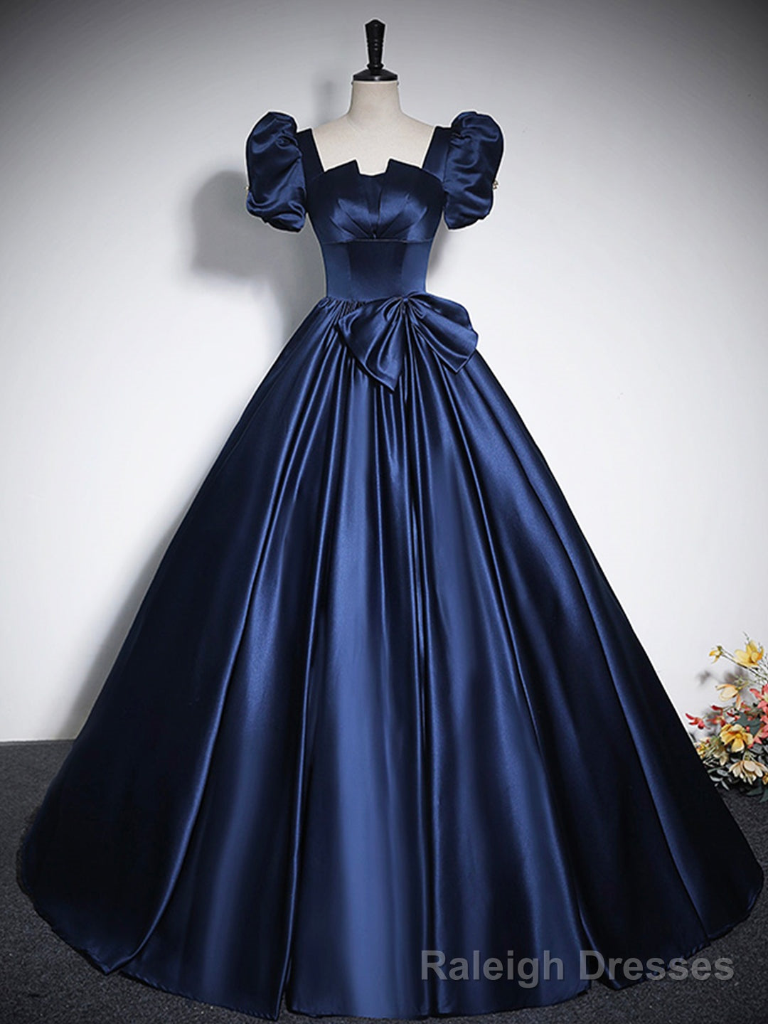 Elegant Blue Satin Floor-Length Prom Dresses, Square Neckline Puffy Short Sleeve Bow Formal Dresses