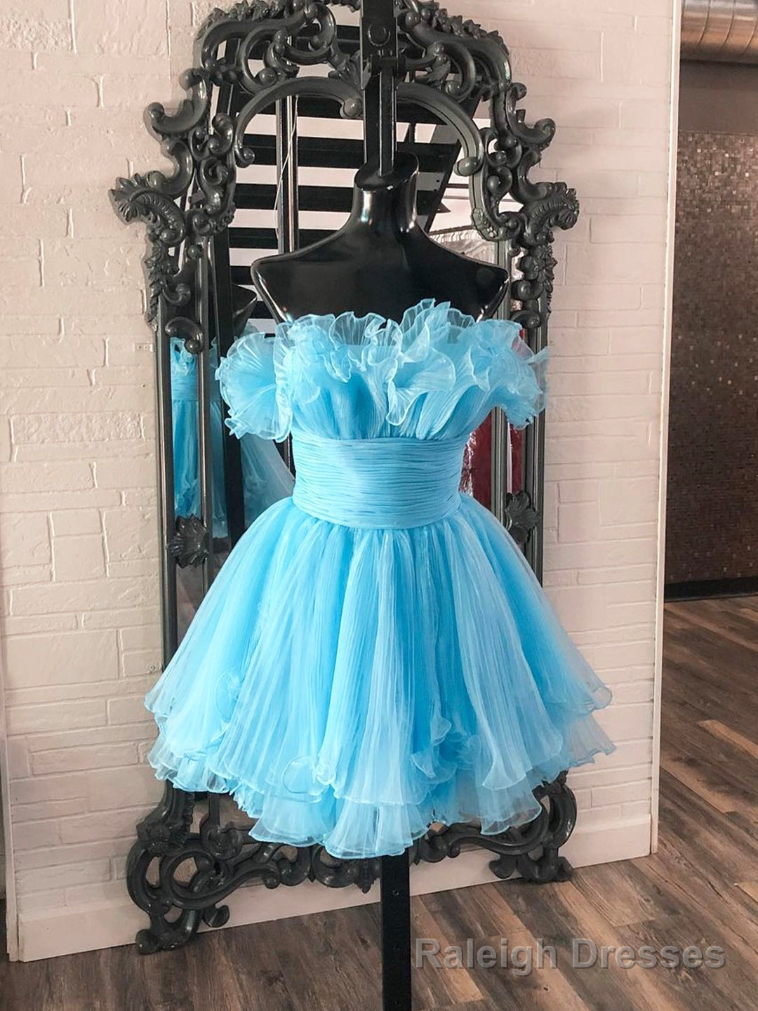 Lovely Blue Strapless A Line Short Prom Dress, Organza Pleated Ruffle Tiered Homecoming Dress
