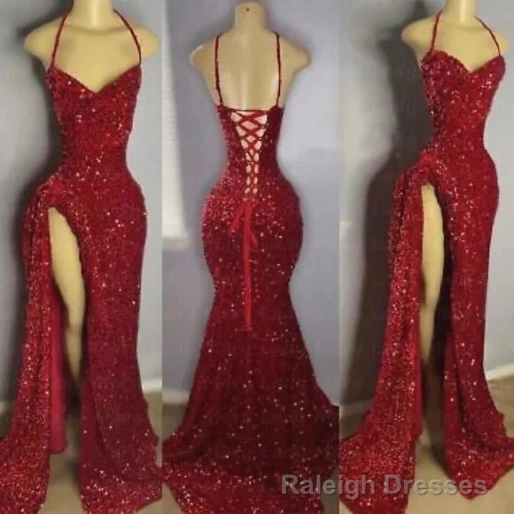 Red Sequin Halter Prom Gowns