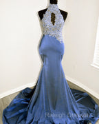 Magenta Mermaid Lace Applique Halter Prom Dresses