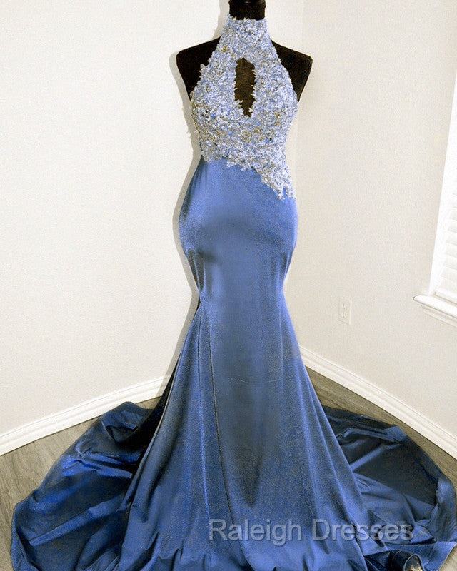 Magenta Mermaid Lace Applique Halter Prom Dress