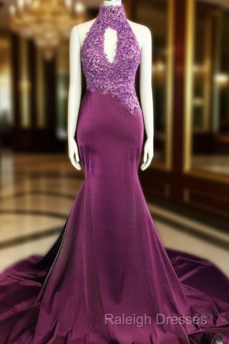 Magenta Mermaid Lace Applique Halter Prom Dress Main image