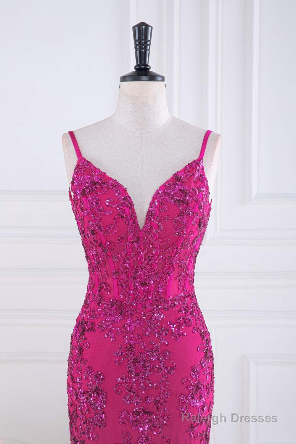 Magenta Straps V-Neck Sequin Appliques Mermaid Prom Dress Secondary image
