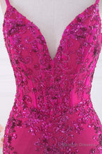 Magenta Straps V-Neck Sequin Appliques Mermaid Prom Dress