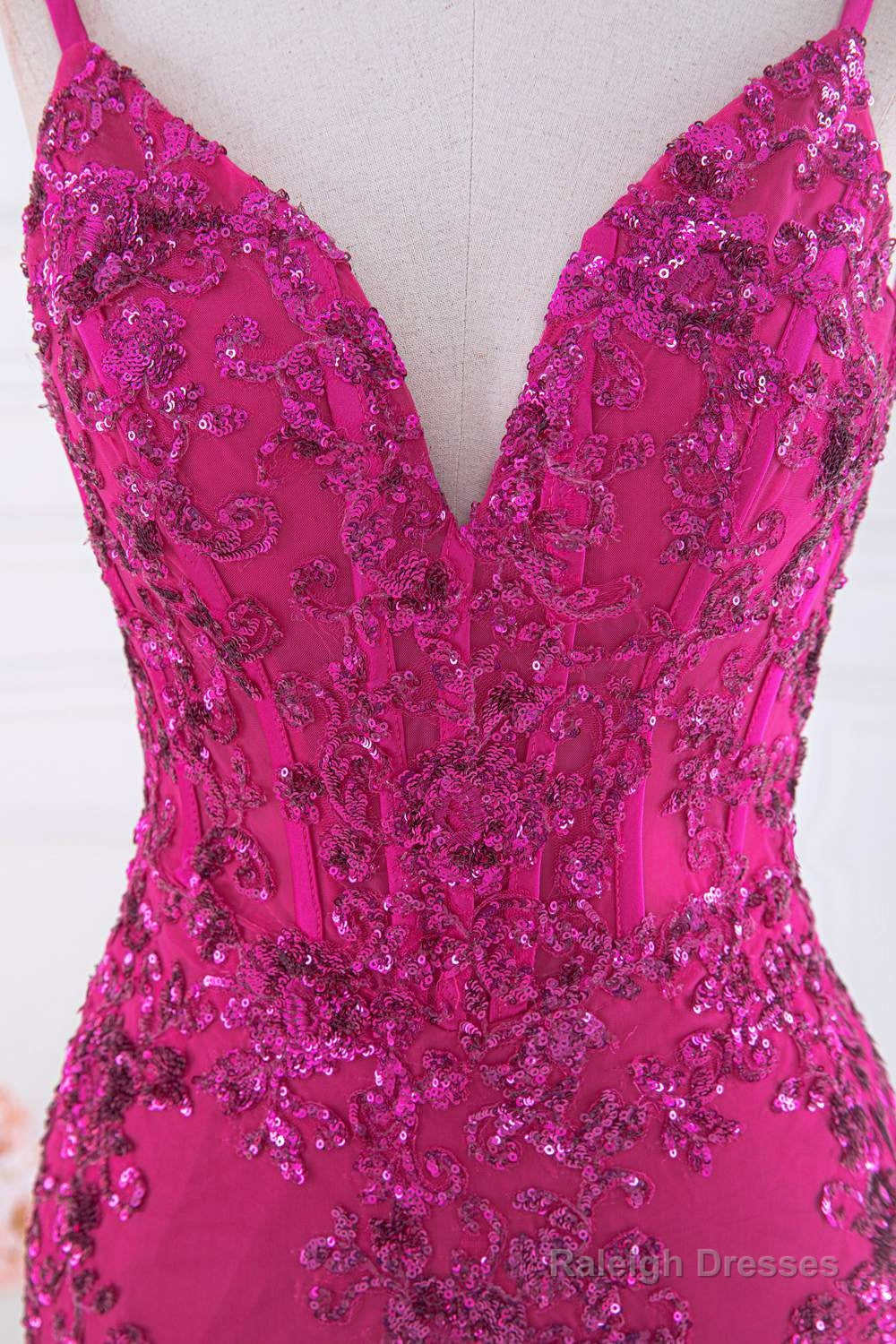 Magenta Straps V-Neck Sequin Appliques Mermaid Prom Dresses