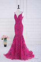 Magenta Straps V-Neck Sequin Appliques Mermaid Prom Dresses