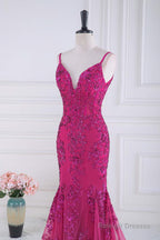 Magenta Straps V-Neck Sequin Appliques Mermaid Prom Dress