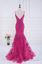 Magenta Straps V-Neck Sequin Appliques Mermaid Prom Dresses