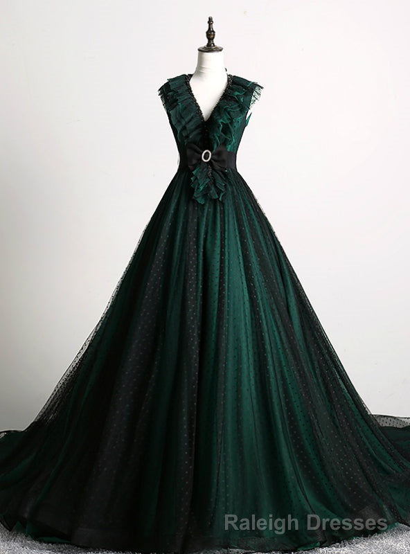 Make Your Prom a Dream Dark Green Ball Gown Tulle V-neck Backless Quinceanera Dress With Train Main image