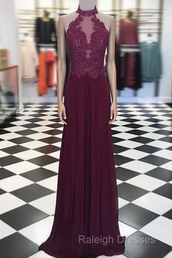 Maroon Hight Neck Lace Long Prom Dress, Maroon Evening Dress Main image