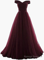 Maroon Off Shoulder Bridesmaid Dress  Long, Simple Tulle Dress