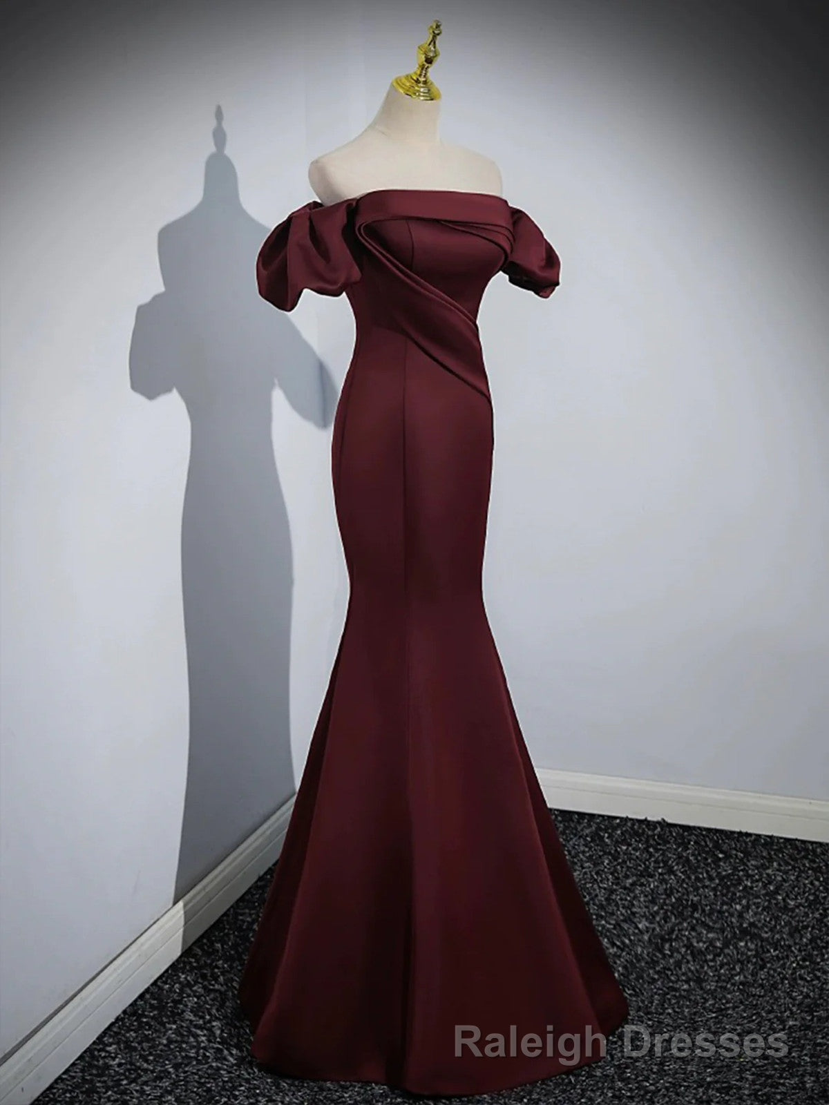 Maroon Satin Mermaid Off Shoulder Prom Dress, Maroon Prom Dress Secondary image