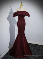 Maroon Satin Mermaid Off Shoulder Prom Dress, Maroon Prom Dress