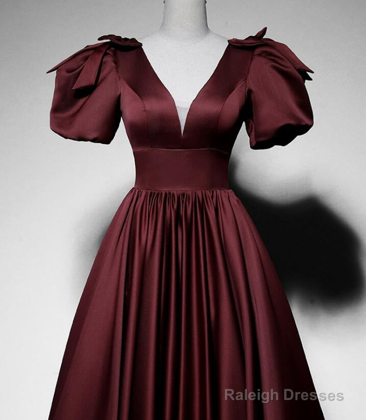 Maroon Satin Short Sleeves Low Back Long Prom Dress, Maroon Evening Dress Secondary image