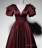 Maroon Satin Short Sleeves Low Back Long Prom Dresses Maroon Prom Dresses