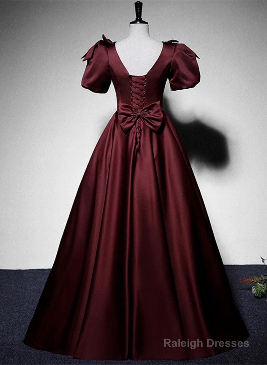 Maroon Satin Short Sleeves Low Back Long Prom Dresses Maroon Prom Dresses