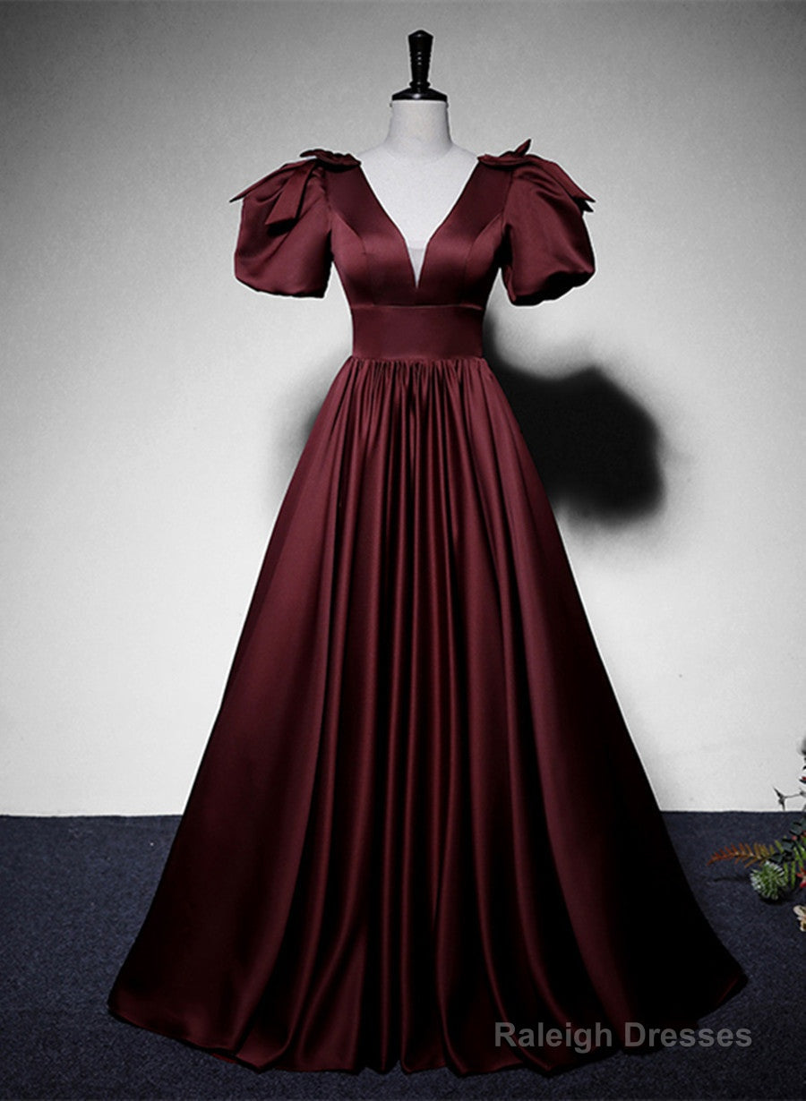 Maroon Satin Short Sleeves Low Back Long Prom Dress, Maroon Evening Dress Main image