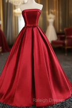 Maroon Satin Strapless Ball Gowns Quinceanera Dresses