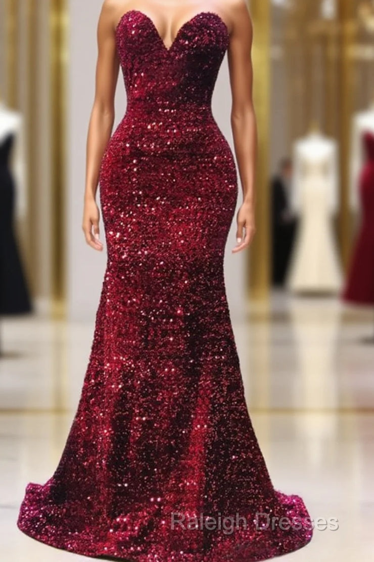 Maroon Sequin Prom Dresses Mermaid Strapless Main image
