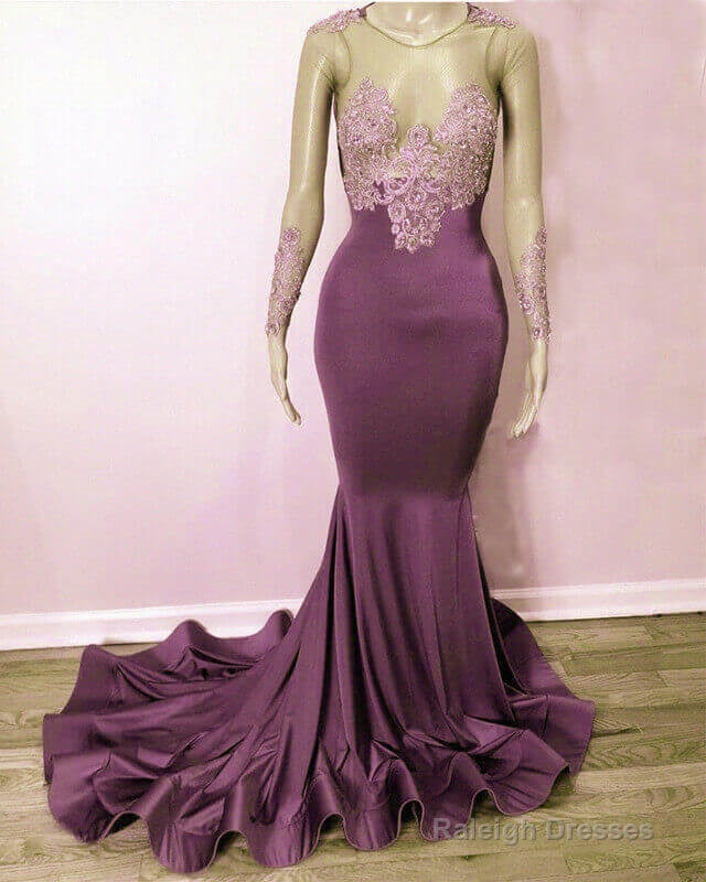 Mauve Appliques Mermaid Prom Dress Long Sleeve