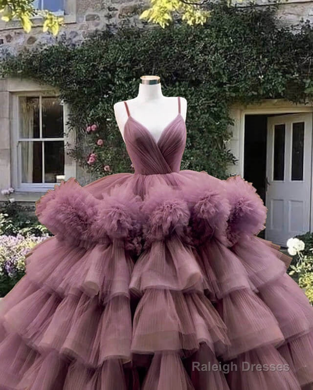 Mauve Pink Tiered Tulle Ball Gown Dress