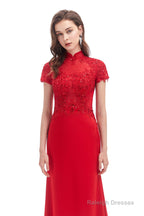 Mermaid Appliques Beading High Neck Short Sleeve Prom Dresses