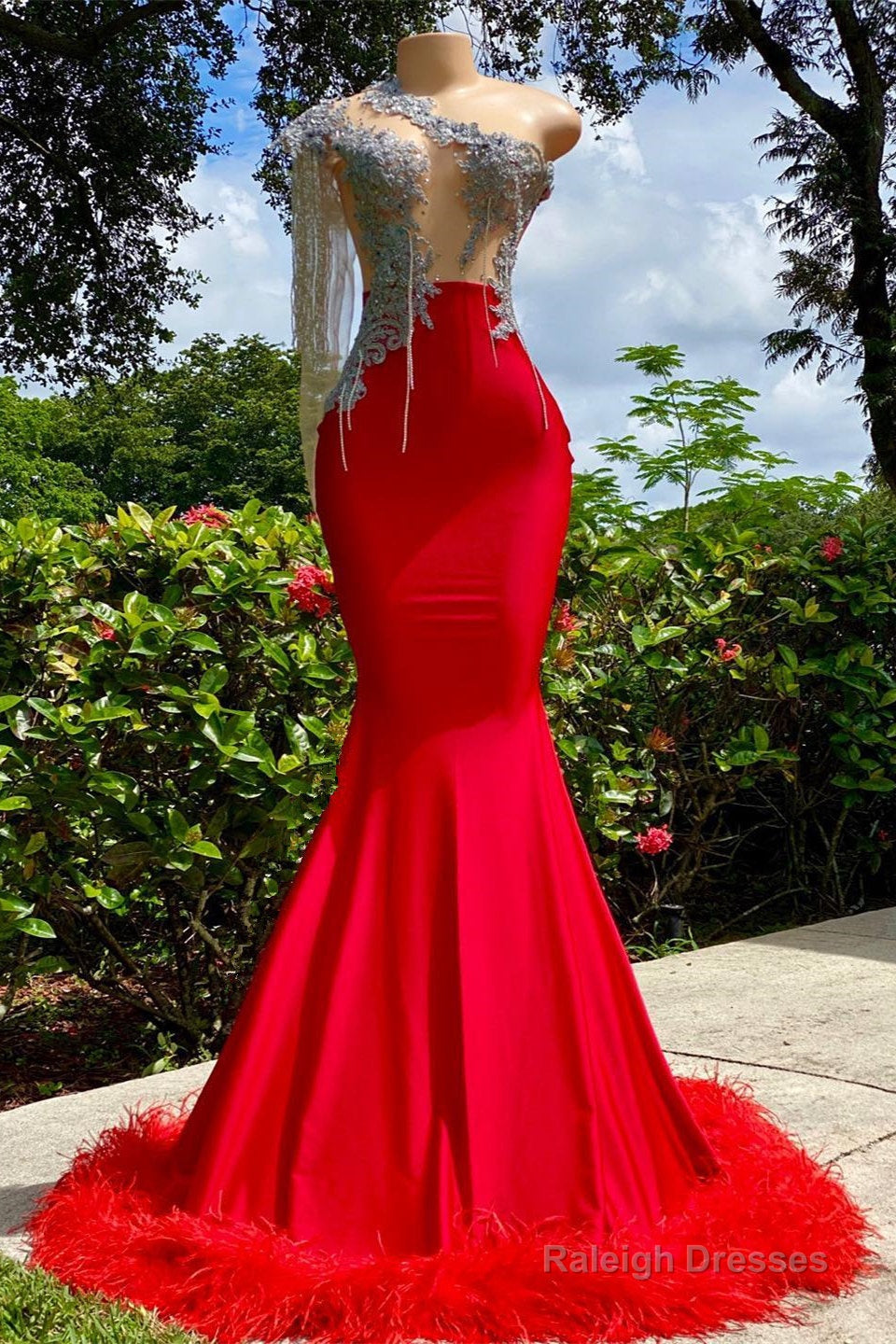 Mermaid Asymmetrical Appliques Lace Sequined Open Back One Shoulder Floor-length Sleeveless Prom Dress With Feather Main image