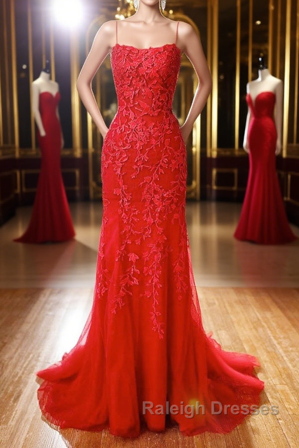 Mermaid Backless Red Lace Long Prom Dresses, Mermaid Red Formal Dresses, Red Lace Evening Dresses
