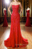 Mermaid Backless Red Lace Long Prom Dresses, Mermaid Red Formal Dresses, Red Lace Evening Dresses