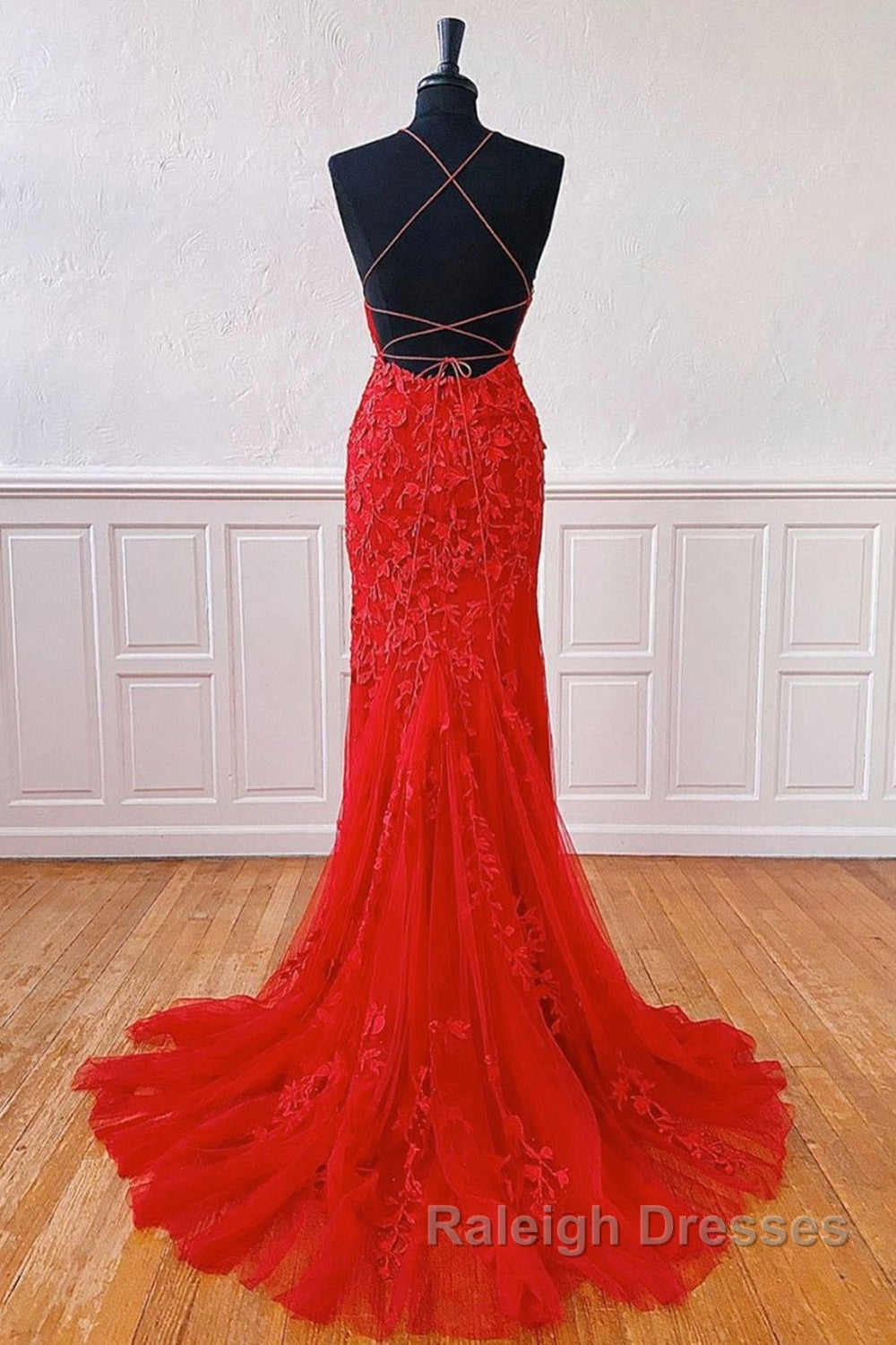 Mermaid Backless Red Lace Long Prom Dresses, Mermaid Red Formal Dresses, Red Lace Evening Dresses Secondary image