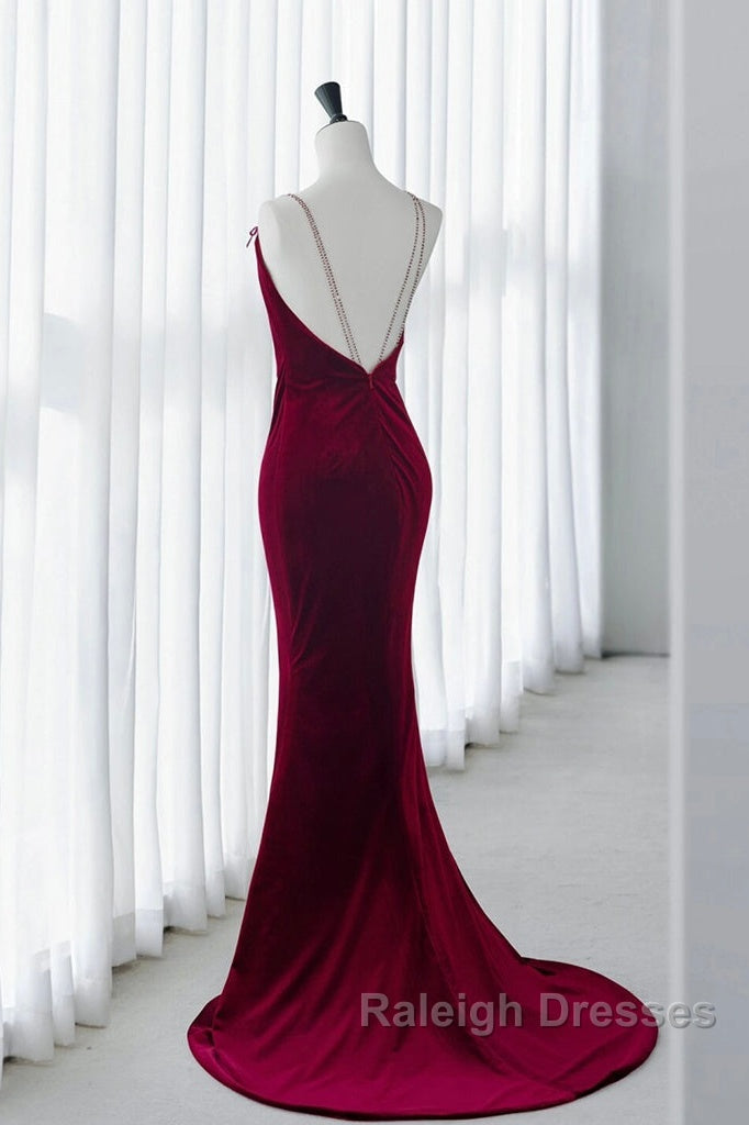 Mermaid Backless Velvet Burgundy Prom Dresses Long With Beads Secondary image