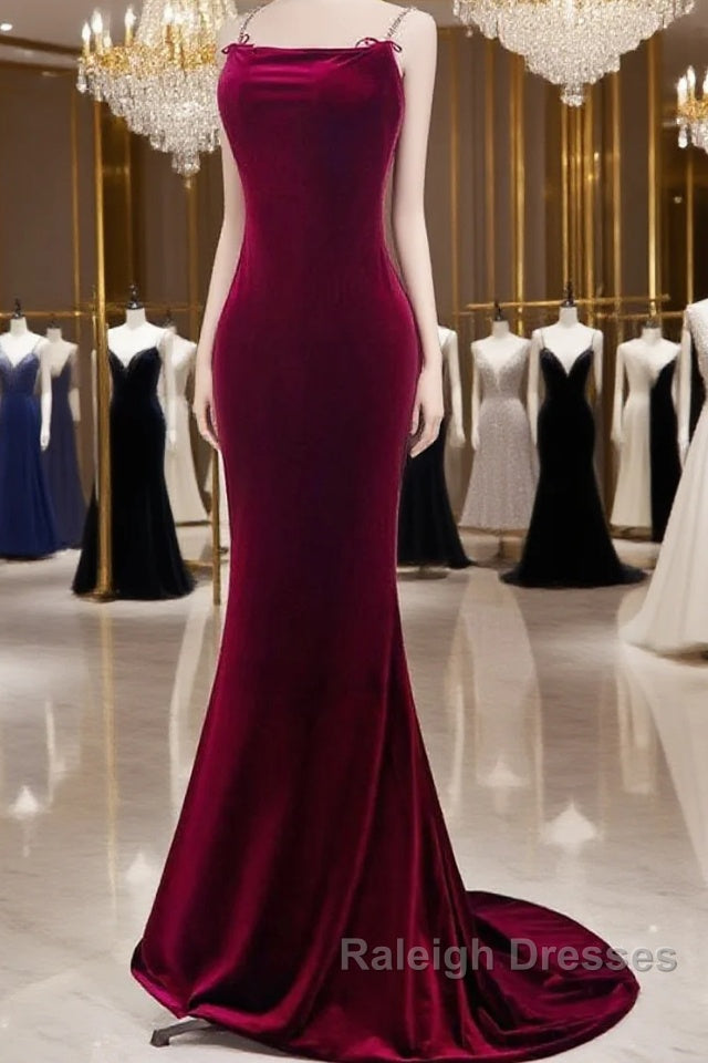 Mermaid Backless Velvet Burgundy Prom Dresses Long With Beads Main image