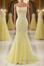 Mermaid Backless Yellow Lace Long Prom Dresses, Mermaid Yellow Formal Dresses, Yellow Lace Evening Dresses