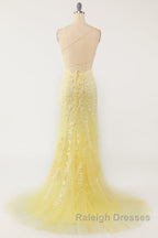 Mermaid Backless Yellow Lace Long Prom Dresses, Mermaid Yellow Formal Dresses, Yellow Lace Evening Dresses