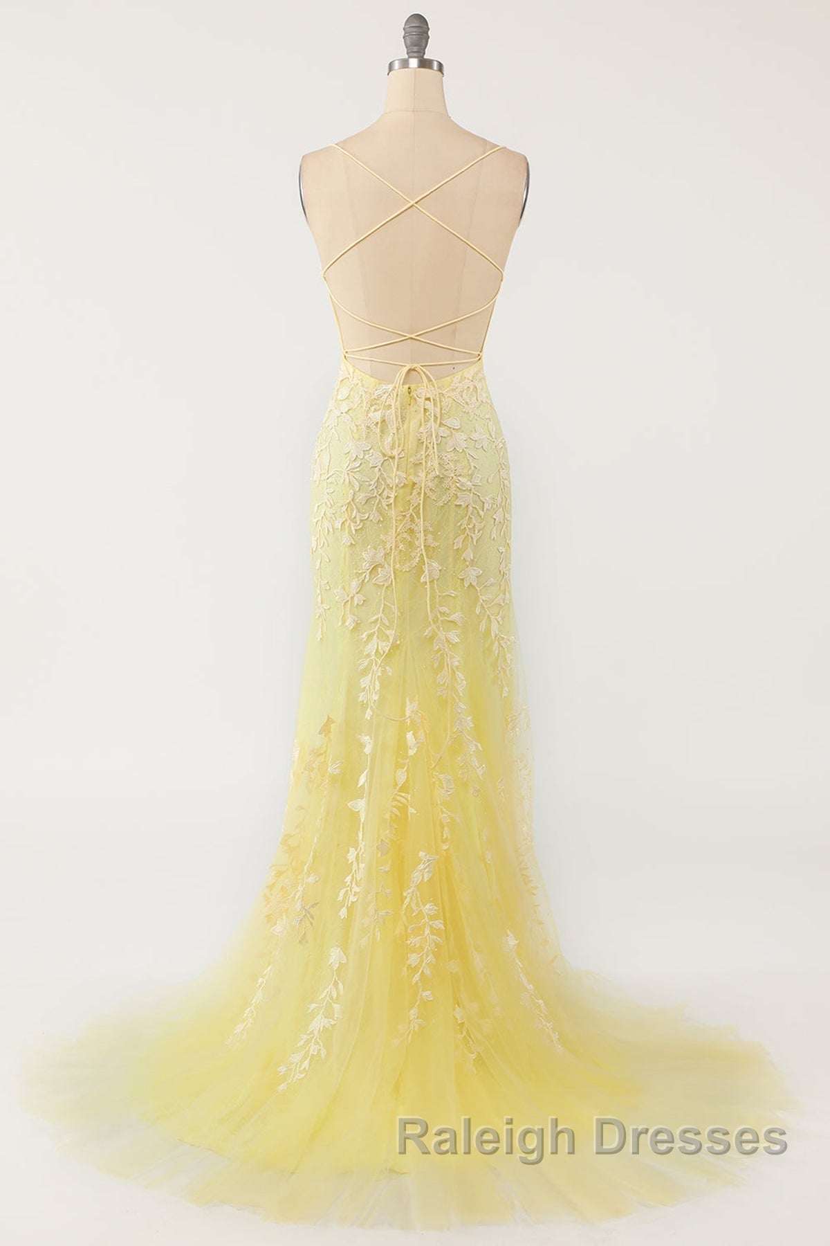 Mermaid Backless Yellow Lace Long Prom Dresses, Mermaid Yellow Formal Dresses, Yellow Lace Evening Dresses
