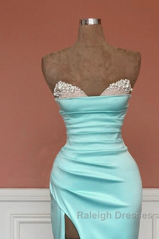Mermaid Beaded Strapless Blue Satin Split Dress Secondary image