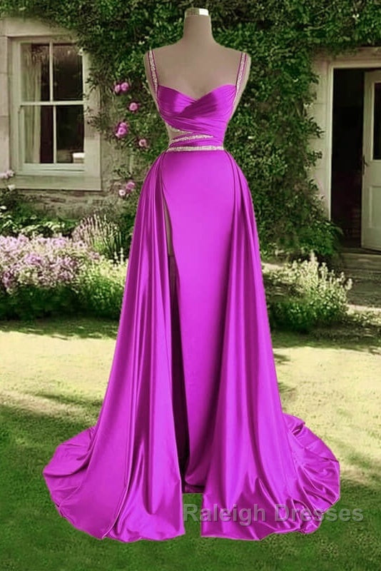 Mermaid Beaded Straps V Neck Slit Dresses