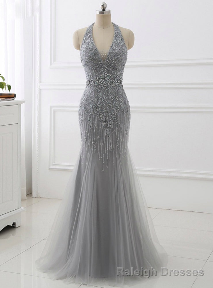 Mermaid Beading Formal Women Dresses Sexy Backless Gray Tassel Prom Dress