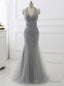 Mermaid Beading Formal Women Dresses Sexy Backless Gray Tassel Prom Dress