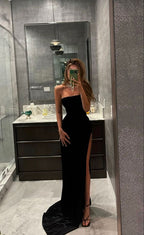 Black Fashion Elegant Mermaid Fishtail Slim Fit Long Satin Ball Gown Evening Dress Party Dress