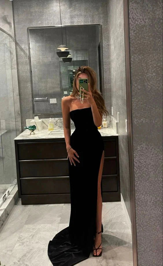 Black Fashion Elegant Mermaid Fishtail Slim Fit Long Satin Ball Gown Evening Dress Party Dress